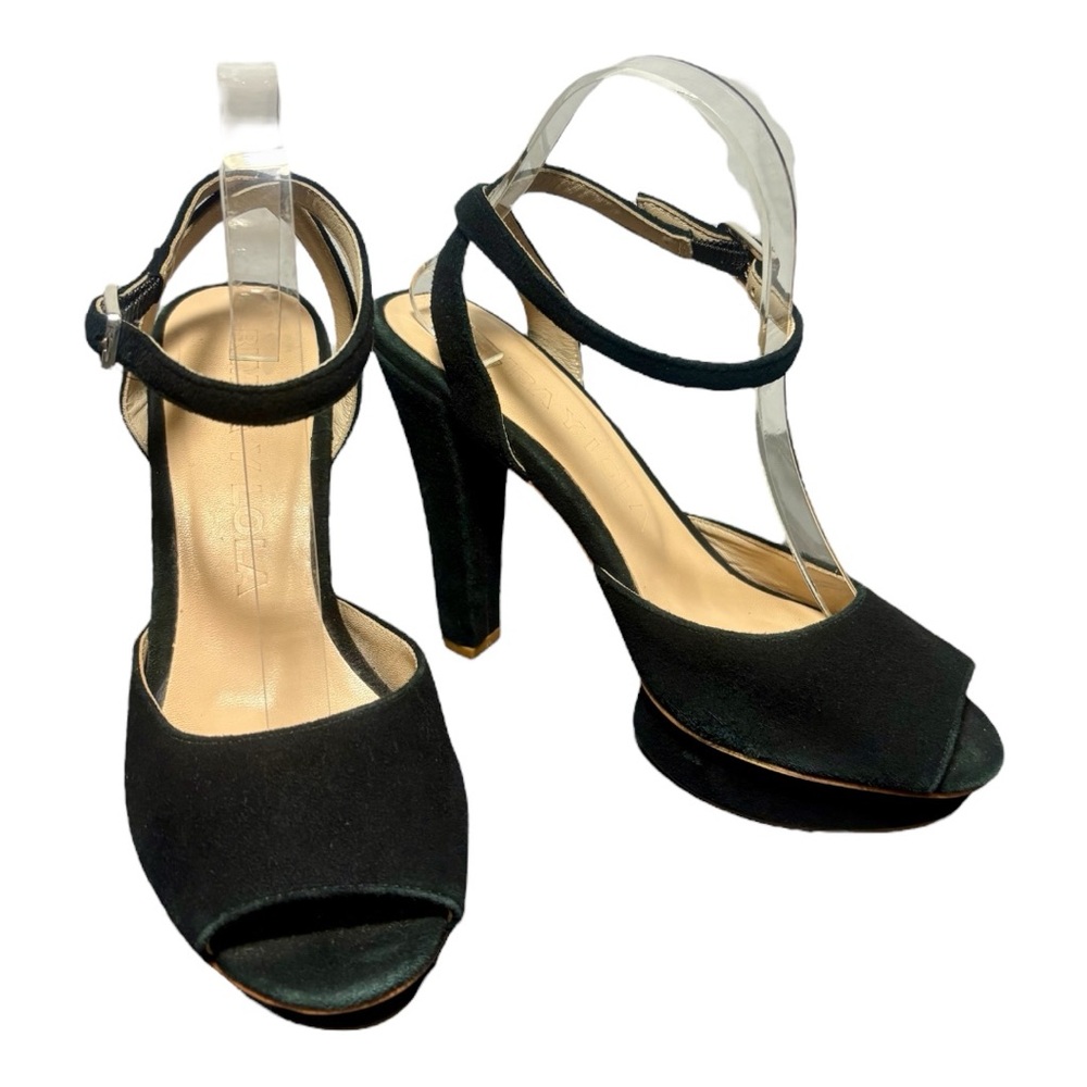 BIMBA Y LOLA Black Suede Chunky Heel Peep-Toe Sandals - Picture 2 of 10